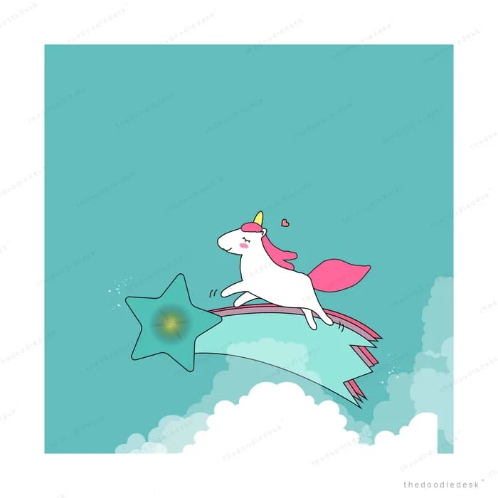 White unicorn with a pink mane leaping over a shooting star above clouds