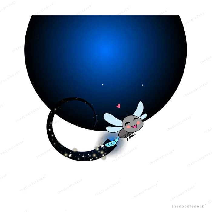 Glowing winged firefly trailing sparkles across a dark blue night orb