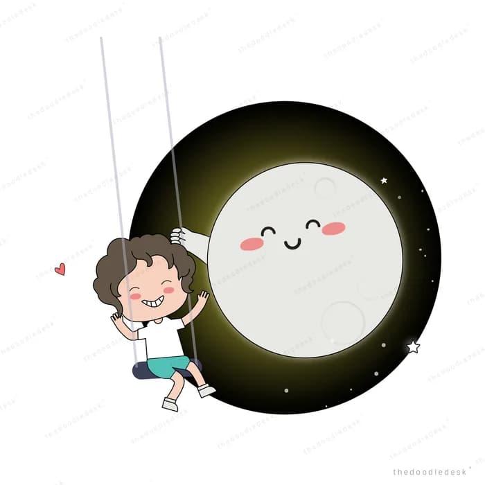 Girl swinging on ropes hung from a large smiling moon