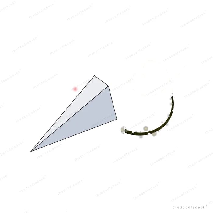 Grey paper plane gliding toward a slender dark branch