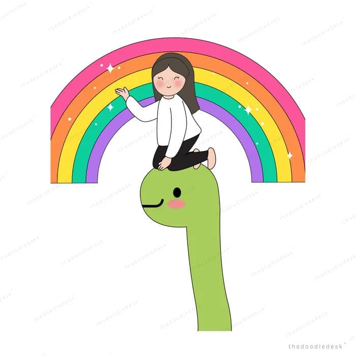 Girl riding on the neck of a green dinosaur beneath a rainbow arch