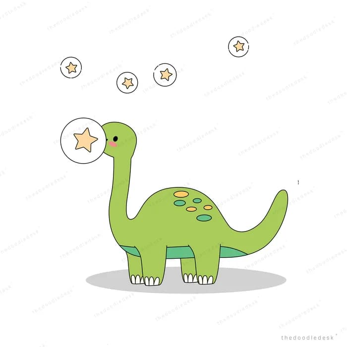 Green spotted dinosaur standing among floating stars and snowflakes