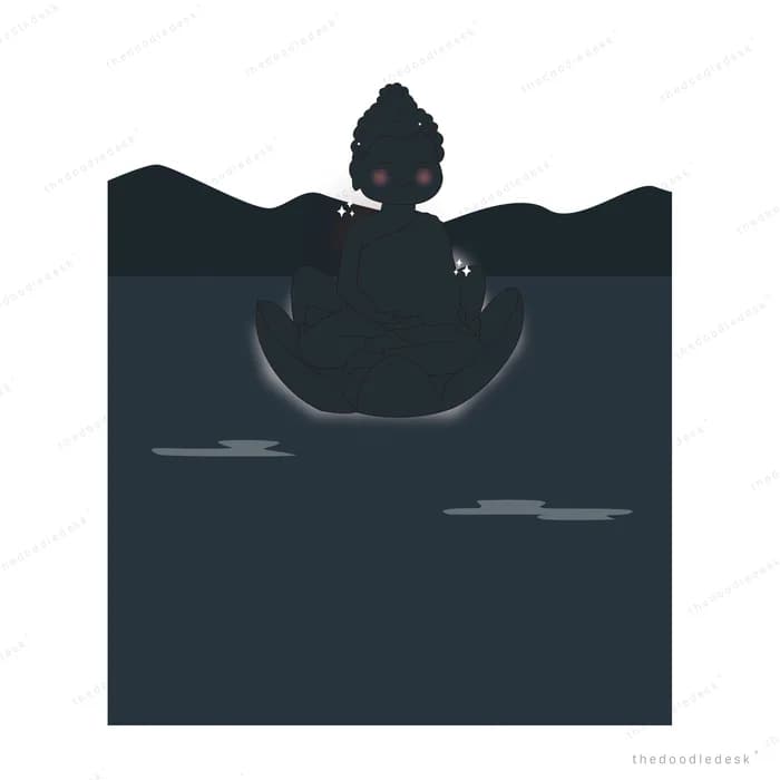 Dark silhouette of a seated figure on a lotus barely visible above black water