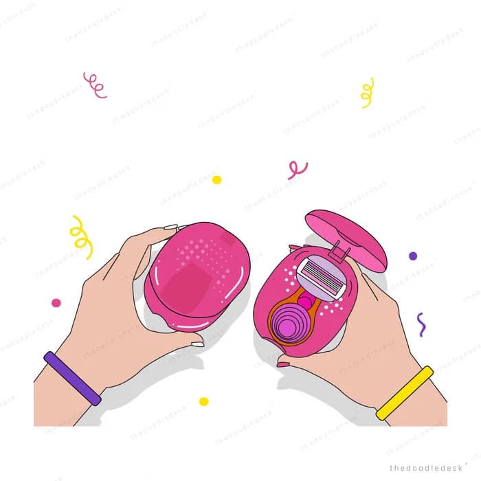 Two hands opening a pink compact powder case with confetti around