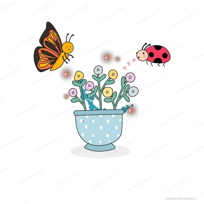 Teacup planted with dark flowers visited by a butterfly a bee and a ladybug