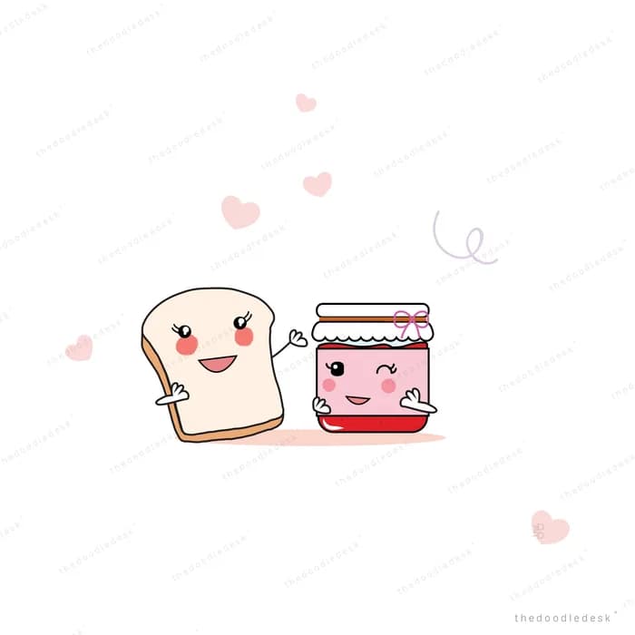 Bread slice and jam jar characters holding hands with hearts floating around