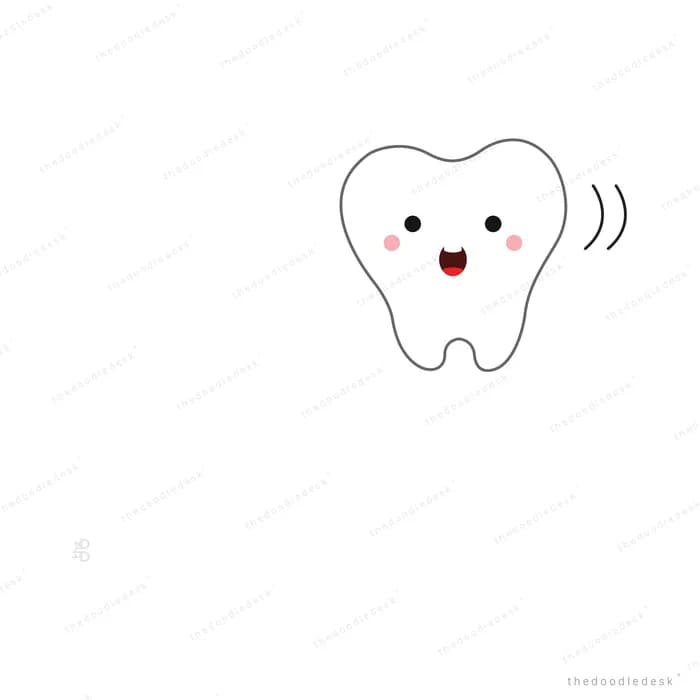 Smiling white tooth character with motion lines beside it