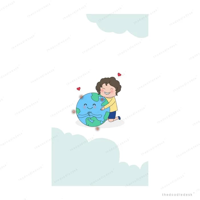 Small boy sitting on a smiling globe among pale blue cloud shapes