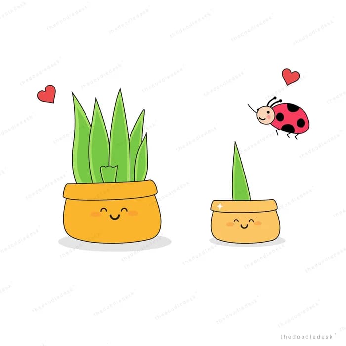Two smiling plant pots with green shoots beside a flying ladybug and hearts
