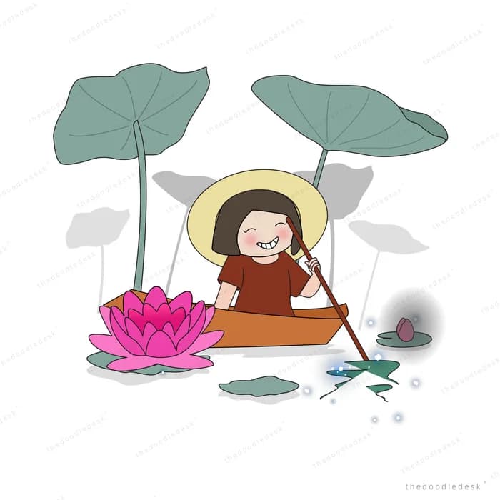Girl in a straw hat paddling a small boat among pink lotus flowers and lily pads