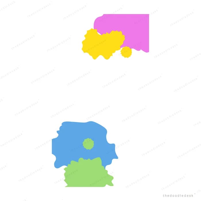Loose blobs of magenta yellow blue and green paint on an empty field