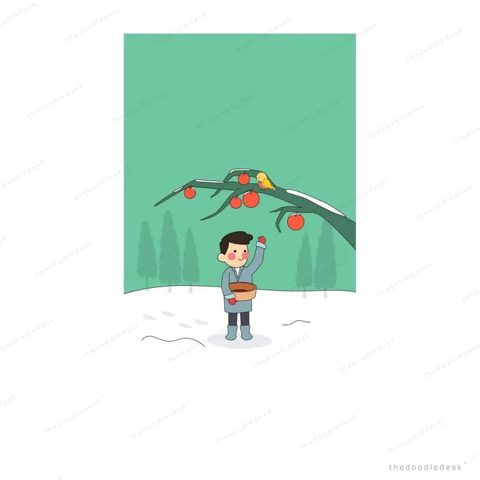 Boy standing in snow reaching for red persimmons on a bare branch