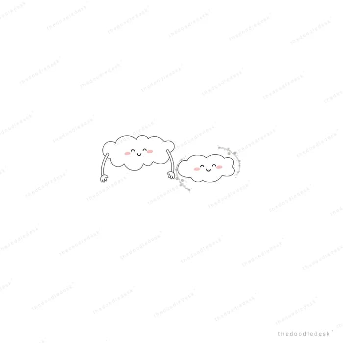 Two small outlined cloud characters reaching toward each other on an empty field