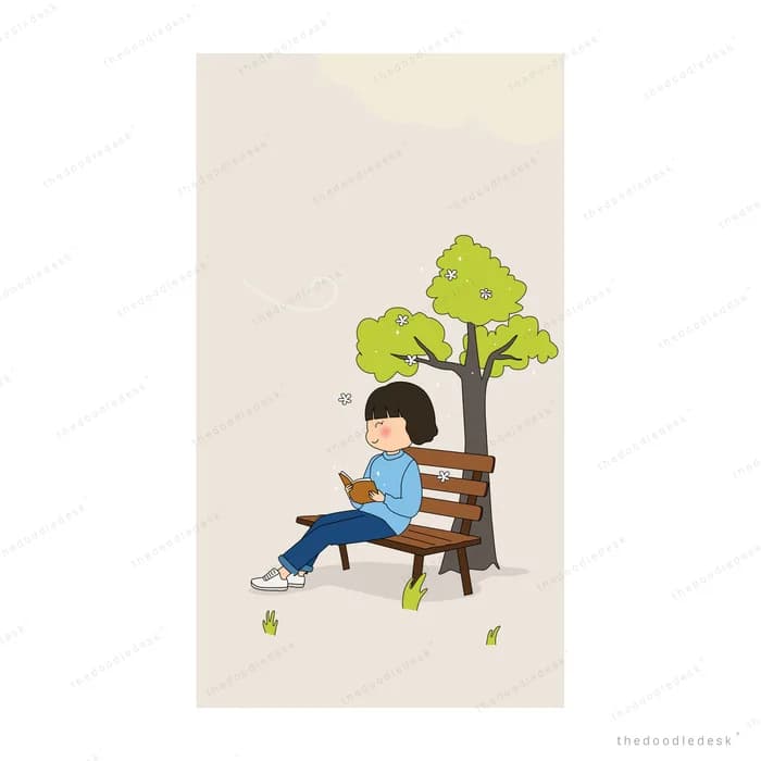 Girl reading on a bench beneath a full green tree