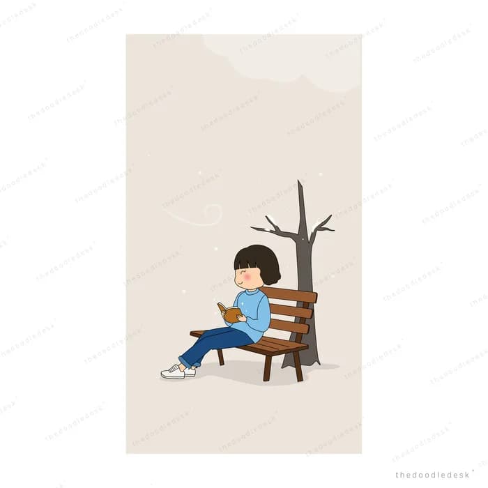Girl sitting on a bench beneath a bare winter tree