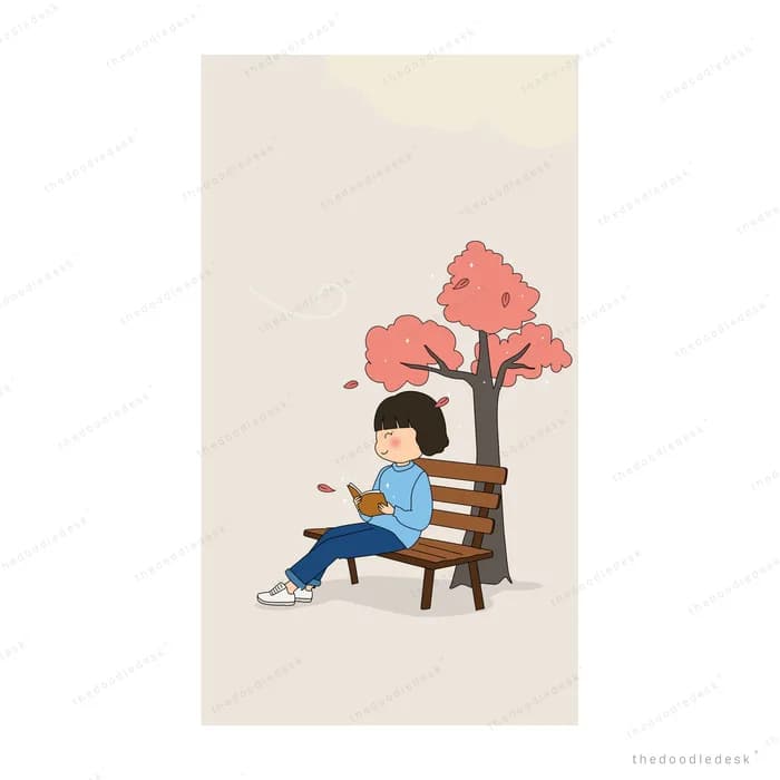 Girl sitting on a bench beneath a pink blossom tree