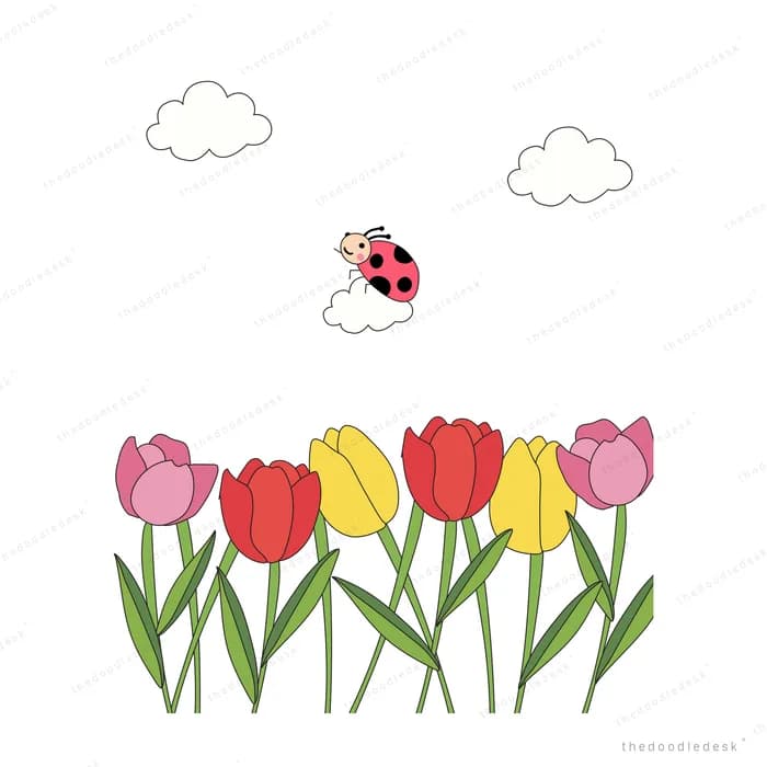 Row of red pink and yellow tulips with a ladybug flying above and clouds behind