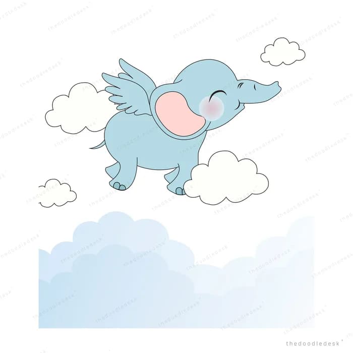 Blue elephant with small wings flying above a bank of clouds