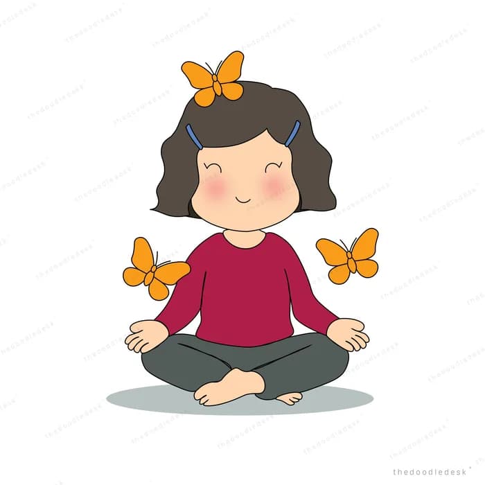 Woman meditating cross-legged with orange butterflies circling her