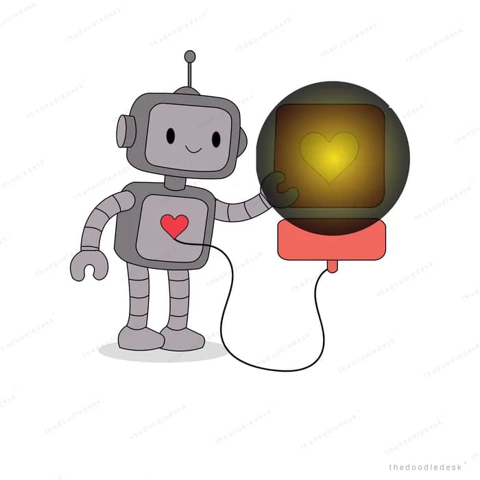 Grey robot with a heart on its chest holding the string of a glowing dark balloon