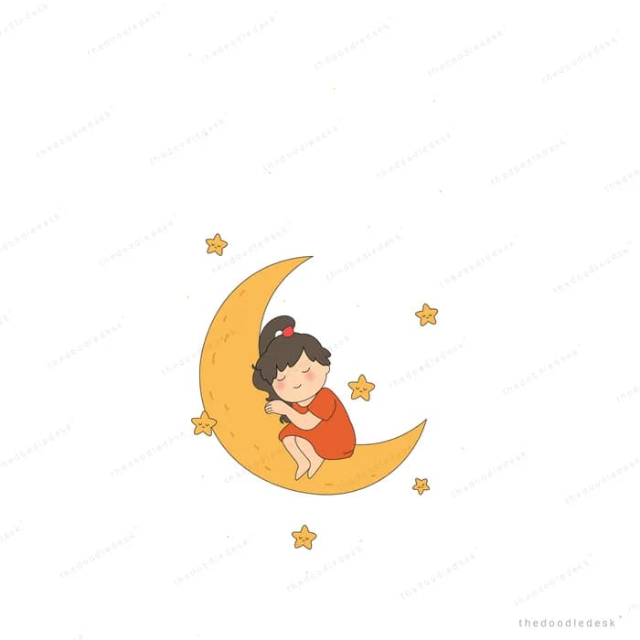 Girl sitting inside a yellow crescent moon surrounded by small stars