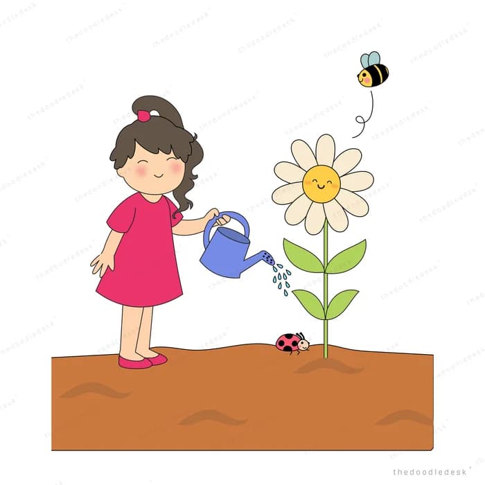 Girl watering a tall sunflower in a soil bed with a bee and ladybug nearby