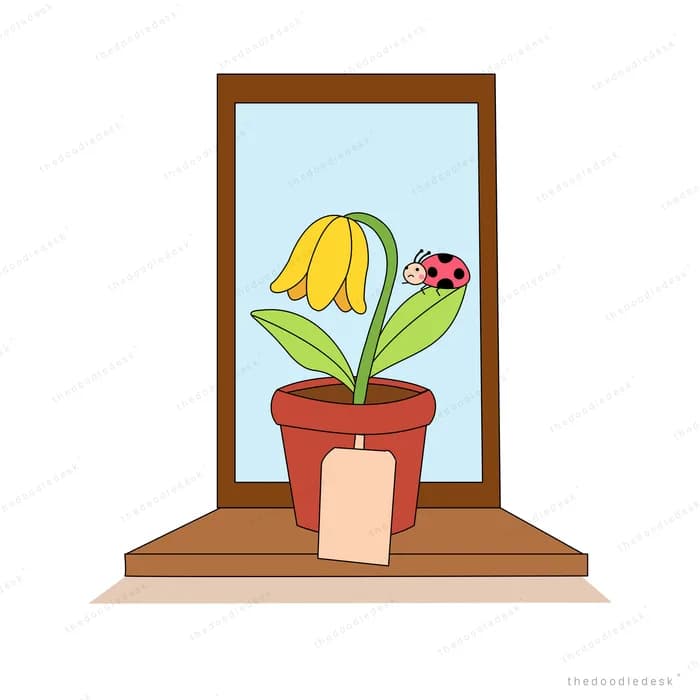 Potted yellow tulip with a ladybug on its leaf beside a candle on a windowsill