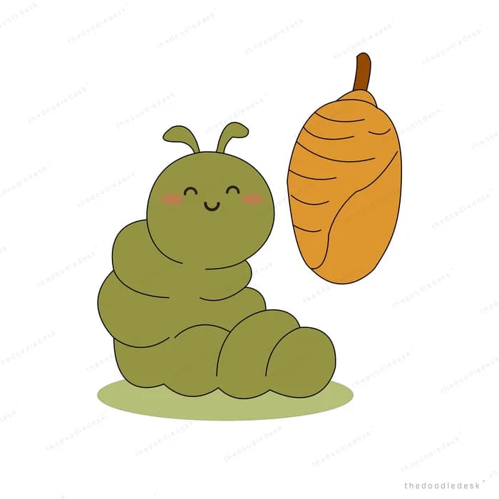 Green caterpillar sitting beside a brown cocoon on a patch of grass