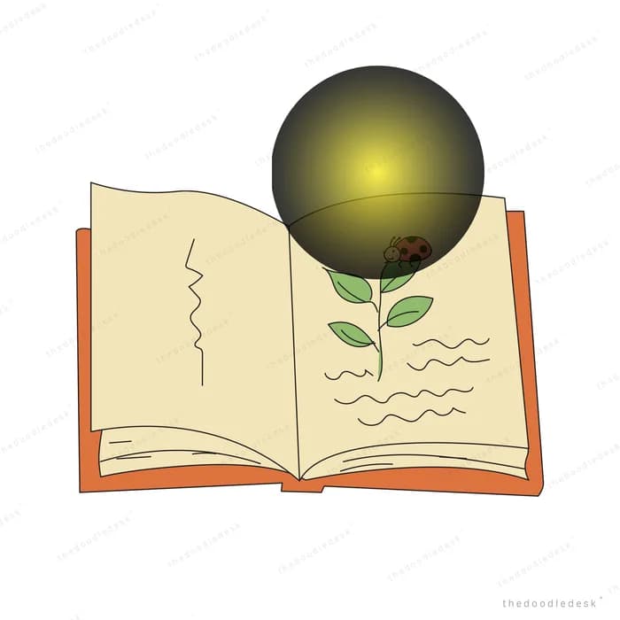 Open book with a green sprout growing from its page beneath a glowing dark orb