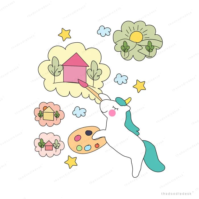 Unicorn holding a paint palette painting a thought cloud with a house flowers and stars