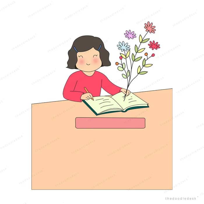 Woman at a desk reading an open book from which wildflowers grow