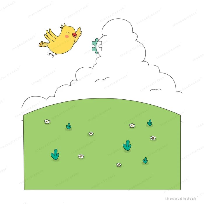 Yellow bird flying over a green hill with a large white cloud and small bushes