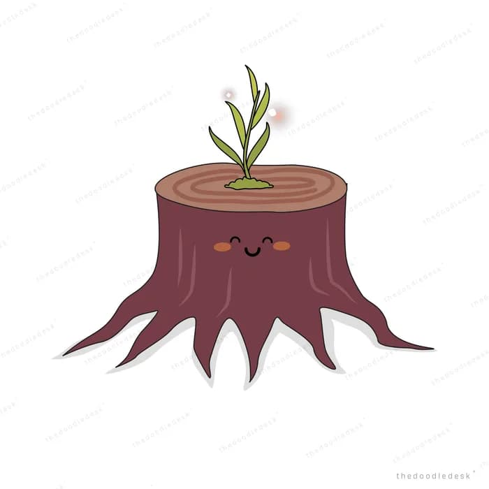 Smiling tree stump with a fresh green sprout growing from the top