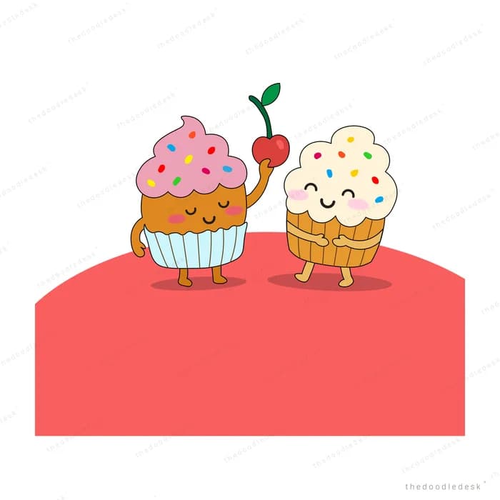 Two smiling cupcake characters with a cherry standing on a red panel