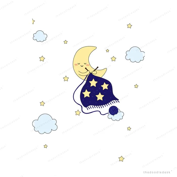 Sleeping crescent moon wrapped in a starry blue blanket among clouds and stars