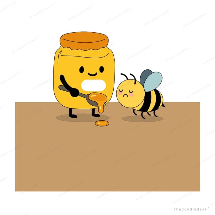 Smiling honey jar with a dipper beside a bee on a brown panel