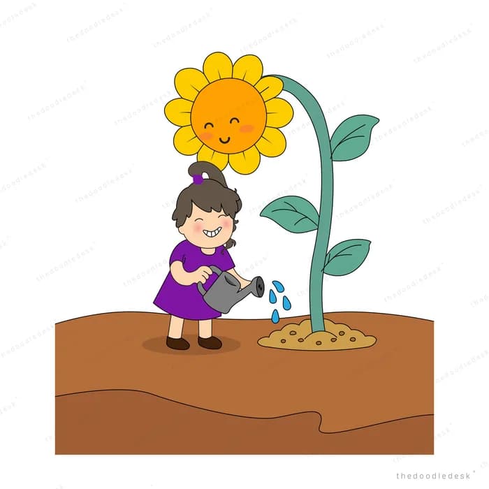 Girl in purple watering a tall smiling sunflower growing from the soil