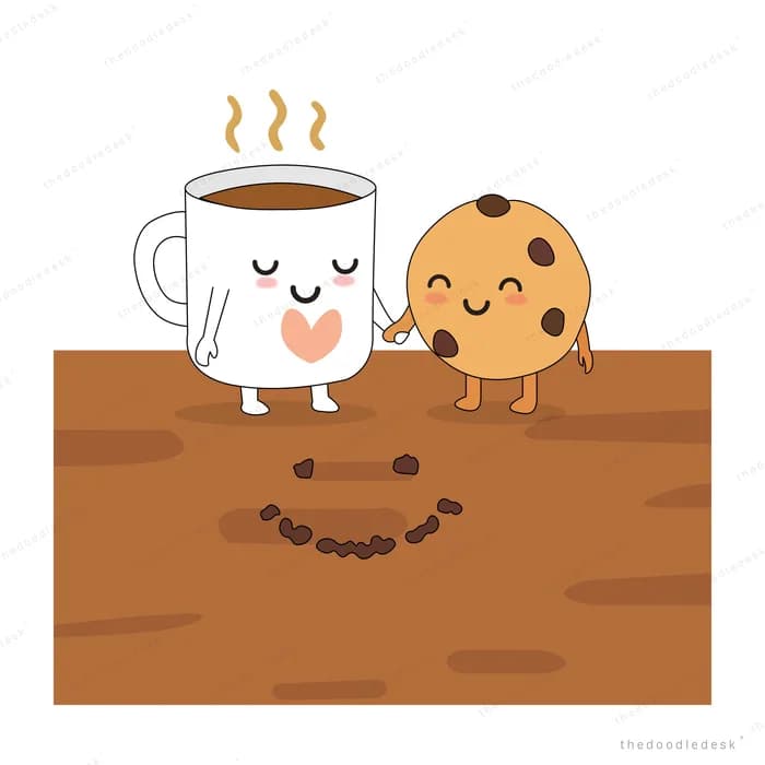 Smiling mug of coffee and a chocolate chip cookie character standing on brown soil