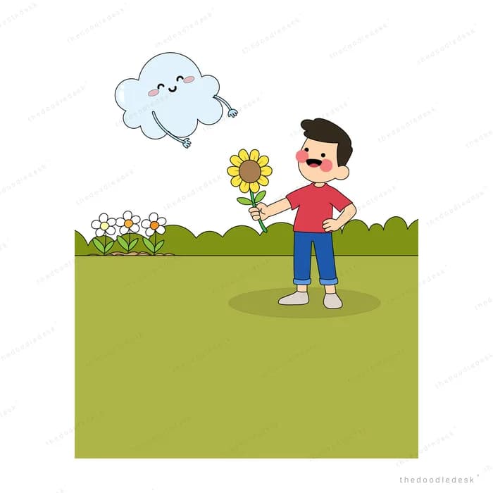 Boy holding up a sunflower on a green field with a smiling cloud above