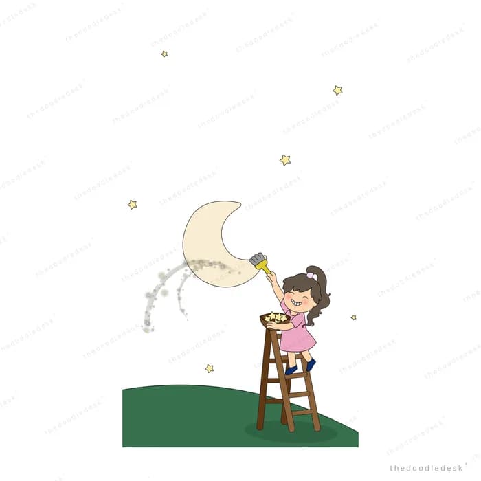 Girl on a wooden ladder polishing a crescent moon on a green hill