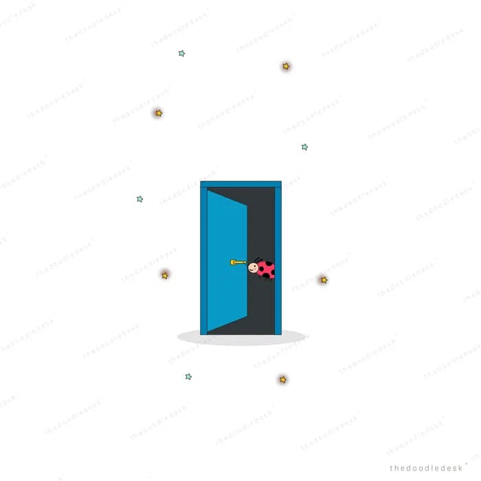 Small blue door standing ajar on an empty field with a few scattered dots