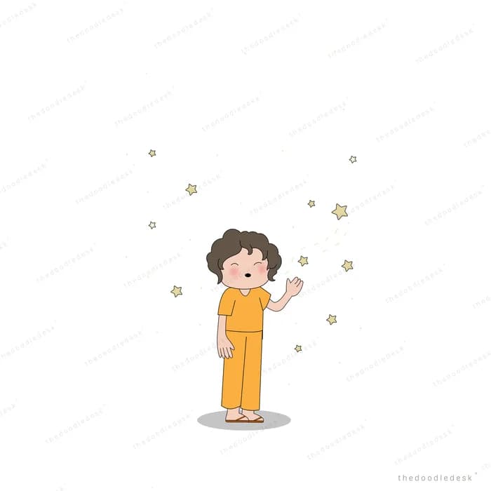 Small boy standing alone on empty ground with a few gold stars beside him