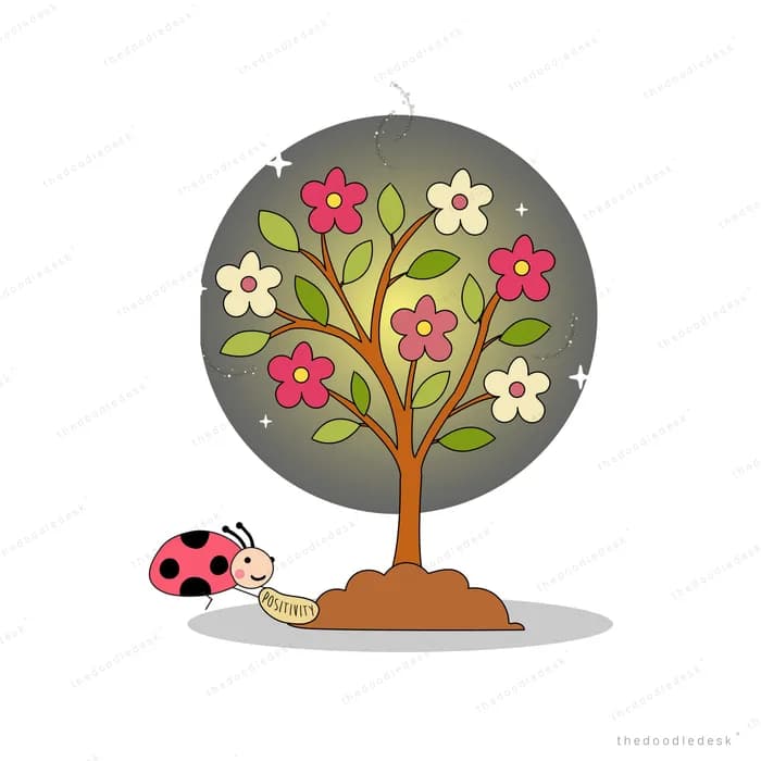 Flowering tree growing from a mound of soil against a dark circle with a ladybug at its base