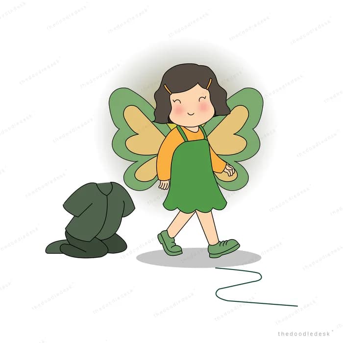 Girl with butterfly wings walking away from a discarded shell against a dark circle
