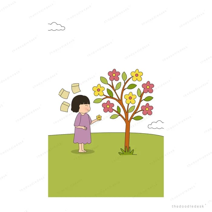 Girl beside a blossoming tree on a green field with notes floating around her