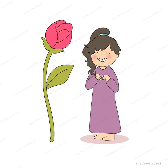 Woman standing with hands clasped beside a tall pink tulip
