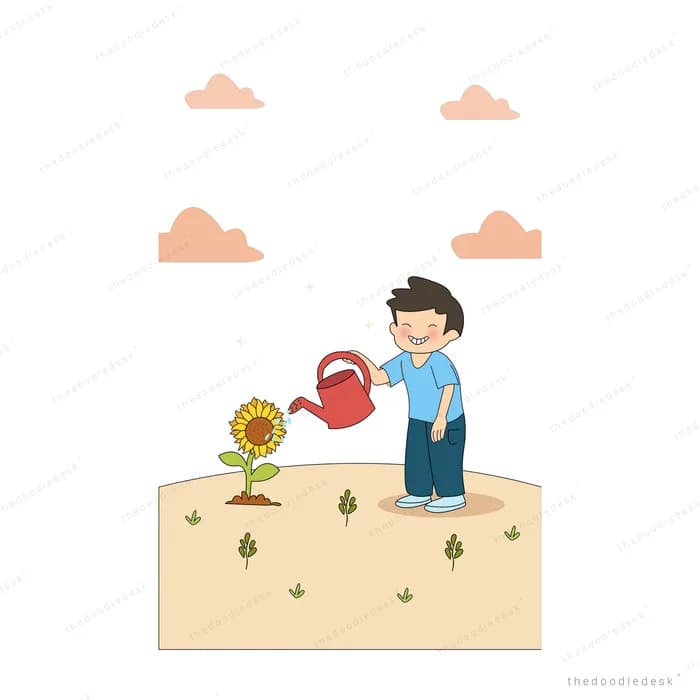 Boy watering a small sunflower sprout in sandy soil under pink clouds