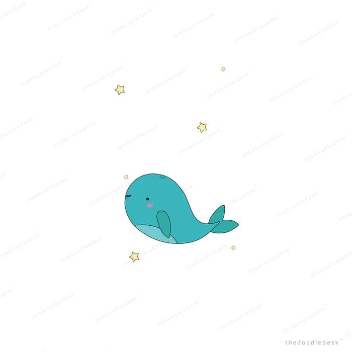 Small teal whale floating alone on an empty field with a few tiny stars