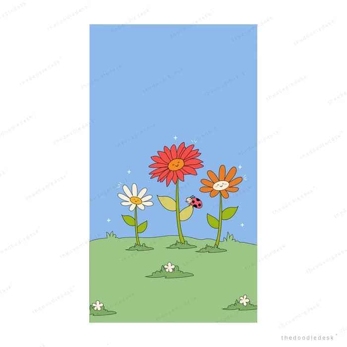 Cluster of daisies and red gerberas with a ladybug on a green field