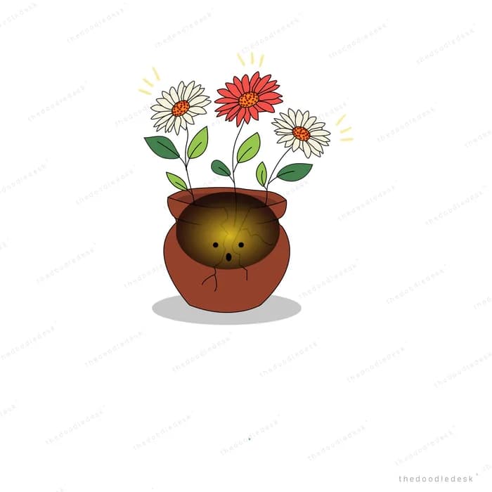 Clay pot holding red and white daisy-like flowers